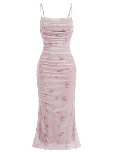 21XaaEM2VhL.jpg Women's Floral Print Ruched Sleeveless Cami Dress Fishtail Bodycon Midi Dress