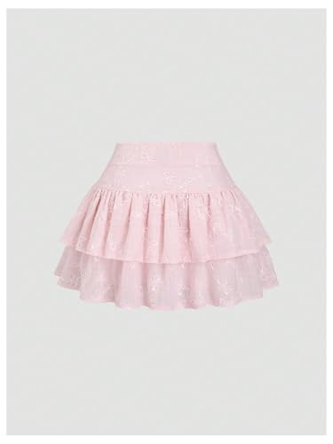 21bkVglQA8L.jpg Women's Layered Ruffle Mini Skirt Floral Embroidered Elastic Waist A Line Skirt
