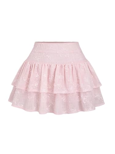 21uFGV2TpsL.jpg Women's Layered Ruffle Mini Skirt Floral Embroidered Elastic Waist A Line Skirt