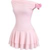 Women's Off Shoulder Layered Ruffle Dress 3D Flower Asymmetrical Flared Mini Dresses