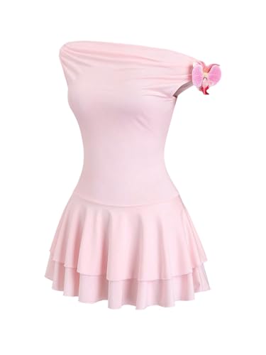 Women's Off Shoulder Layered Ruffle Dress 3D Flower Asymmetrical Flared Mini Dresses