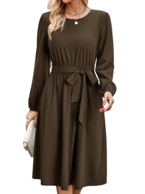 Womens Long Sleeve Casual Dresses 2025 Business Work Teacher Fall Church Belted A Line Flowy Midi Dress