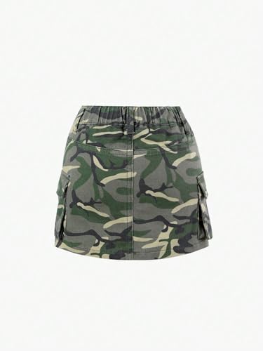 Toddler Girl's Camo Print Mini Cargo Skirt Elastic High Waist Flap Pocket Casual Mini Skirts