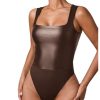 Women's PU Leather Bodysuit Tank Tops Square Neck Sleeveless Slim Fit Leotard Top