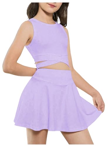 314-u2PczL.jpg Girl's Workout Outfits Crisscross Crop Tank Top and Flare Skort Skirt Set
