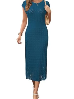 Women Fall 2025 Teacher Outfits Church Midi Cap/Long Sleeve Hollow Knit Modest Business Casual Sweater Dress