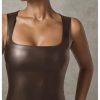 Women's PU Leather Bodysuit Tank Tops Square Neck Sleeveless Slim Fit Leotard Top