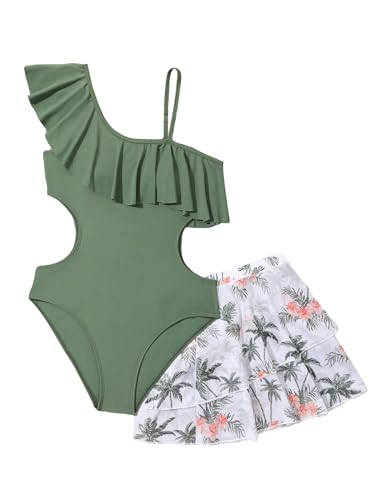 315jcmHTG7L.jpg Girl's 2 Piece Swimsuit Asymmetrical Ruffle One Piece with Tropical Print Cover Up Skirt