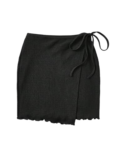 Women's Cover Up Wrap Skirt High Waisted Knot Side Asymmetrical Wrap Skirt Split Lettuce Trim Beach Mini Skirt