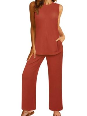 Womens Summer 2 Piece Outfits Ribbed Knit Tank Tops Wide Leg Pants Lounge Set Matching Tracksuit 2024 Spring Fashion