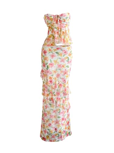 Women's Floral 2 Piece Skirt Outfits Strapless Bandeau Ruffle Top Maxi Skirts Set Vacation Outfits