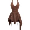 318mm84ffxL.jpg Women's Punk Halter Mini Dress Western Asymmetrical Ruffle Sleeveless Drawstring Ruched A Line Dresses