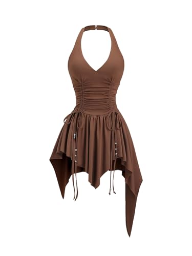 318mm84ffxL.jpg Women's Punk Halter Mini Dress Western Asymmetrical Ruffle Sleeveless Drawstring Ruched A Line Dresses