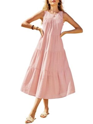 Women's 2024 Summer Midi Dresses Sleeveless Crewneck Beach Boho Casual Loose Long Flowy Tiered Sundress with Pockets