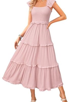Women's 2025 Summer Wedding Guest Dress Ruffle Sleeve Smocked Square Neck Long Flowy Tiered Maxi Sundress