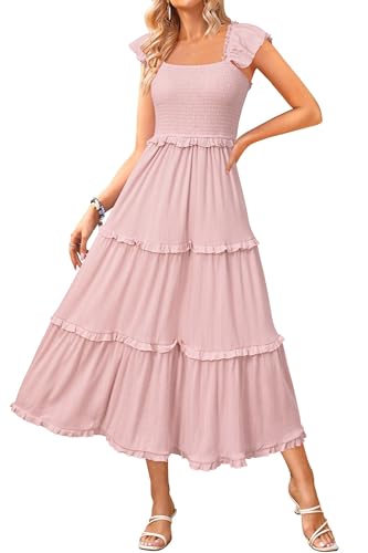 Women's 2025 Summer Wedding Guest Dress Ruffle Sleeve Smocked Square Neck Long Flowy Tiered Maxi Sundress