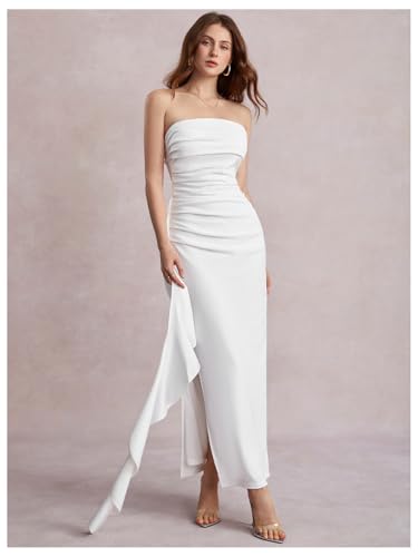 Women's Ruffle High Split Strapless Bodycon Dress Cocktail Wedding Party Maxi Dresses
