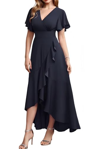 Long Formal Dresses for Women Elegant V Neck Wrap Ruffle Cocktail Wedding Guest Dress Evening Party Gown