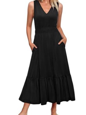 Women's 2025 Summer Dress Vacation V Neck Sleeveless Midi Dress Tiered Tank Swing Sundress with Pockets