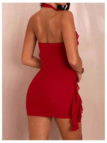31D7WSx2qgL.jpg Women's Sexy Mesh Deep V Neck Ruffle Trim Halter Mini Dress 3D Flower Decor Sleeveless Cocktail Dress