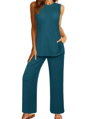 Womens Summer 2 Piece Outfits Ribbed Knit Tank Tops Wide Leg Pants Lounge Set Matching Tracksuit 2024 Spring Fashion