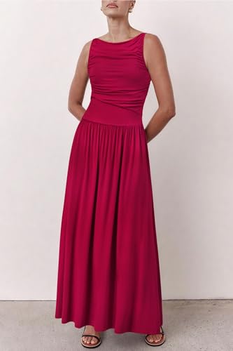 31DZGBqUuL.jpg Women 2025 Summer Maxi Dresses Vacation Ruched Boat Neck Tank Flowy Elegant Party Long Formal Dress Pockets