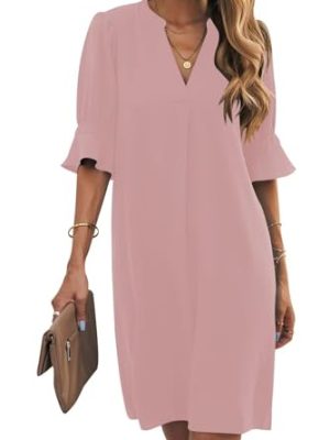Shift Dress for Women V Neck Short Sleeves Solid Color Casual Flowy Summer Dresses(S-2XL)