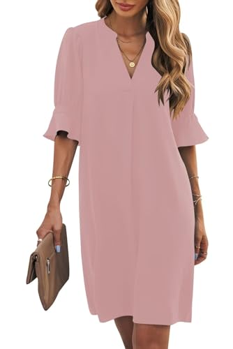 Shift Dress for Women V Neck Short Sleeves Solid Color Casual Flowy Summer Dresses(S-2XL)