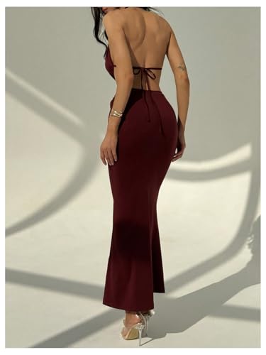 Women's Cut Out Tie Backless Halter Maxi Dress Sexy Sleeveless Ring Linked Fishtail Bodycon Dresses