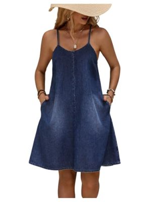 Women's Sleeveless Denim Cami Dress Scoop Neck Mini Dresses with Slant Pockets