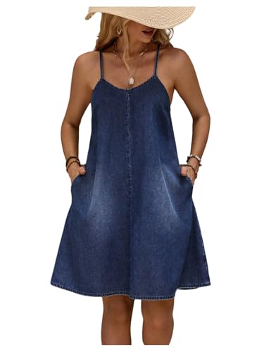 Women's Sleeveless Denim Cami Dress Scoop Neck Mini Dresses with Slant Pockets