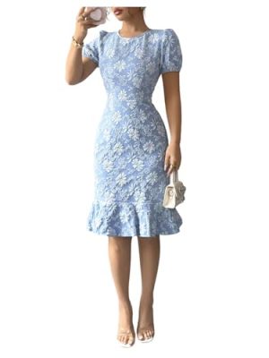 Women's Floral Fishtail Bodycon Dress Puff Sleeve Knee Length Cocktail Party Dresses