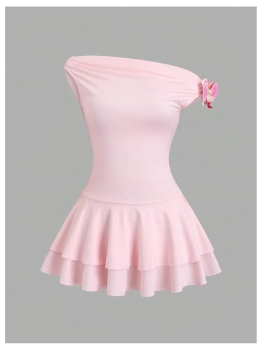 Women's Off Shoulder Layered Ruffle Dress 3D Flower Asymmetrical Flared Mini Dresses