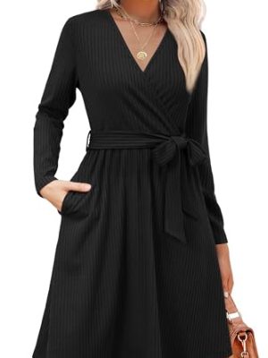 Womens 2025 Fall Dresses Teacher Church Business Casual Work Outfits Knit Midi Sweater Pockets Belt Dress