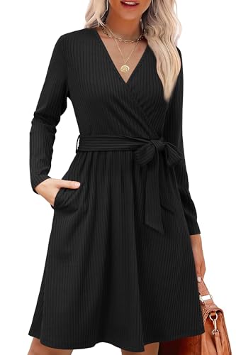 Womens 2025 Fall Dresses Teacher Church Business Casual Work Outfits Knit Midi Sweater Pockets Belt Dress