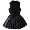 31NzF-i1iTL.jpg Toddler Girl's 2 Piece Outfits Button Collar Tank Top Pleated Pu Leather Aline Skirt Set
