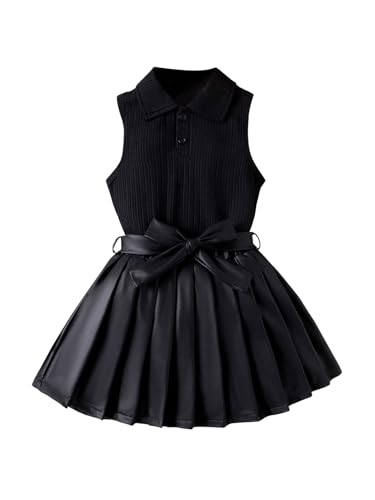 31NzF-i1iTL.jpg Toddler Girl's 2 Piece Outfits Button Collar Tank Top Pleated Pu Leather Aline Skirt Set