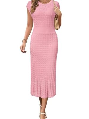 Women Fall 2025 Teacher Outfits Church Midi Cap/Long Sleeve Hollow Knit Modest Business Casual Sweater Dress