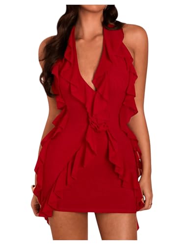 31S577gpQzL.jpg Women's Sexy Mesh Deep V Neck Ruffle Trim Halter Mini Dress 3D Flower Decor Sleeveless Cocktail Dress