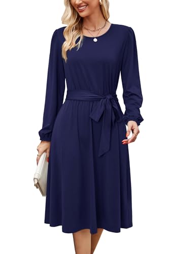 31SCb1Kc6jL.jpg Womens Long Sleeve Casual Dresses 2025 Business Work Teacher Fall Church Belted A Line Flowy Midi Dress