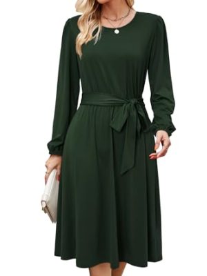 31UEML0dPYL.jpg Womens Long Sleeve Casual Dresses 2025 Business Work Teacher Fall Church Belted A Line Flowy Midi Dress