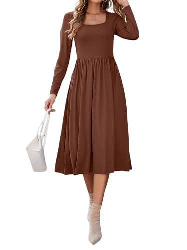 31VqmDgZGpL.jpg Women's Summer Square Neck Ribbed Knit Short/Long Sleeve A Line Flowy Midi Dress with Pockets
