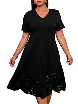 Women's Plus Size V Neck Scallop Trim Cut Out Short Sleeve A Line Swing Midi Dress