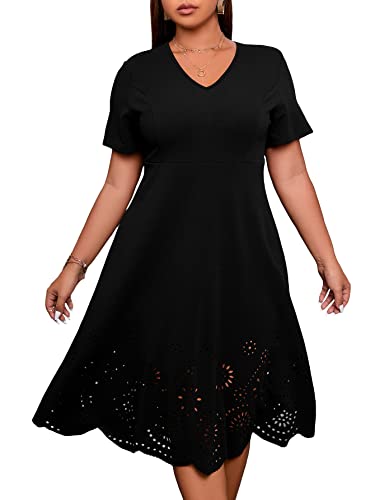 31WGbQ0PE8L.jpg Women's Plus Size V Neck Scallop Trim Cut Out Short Sleeve A Line Swing Midi Dress
