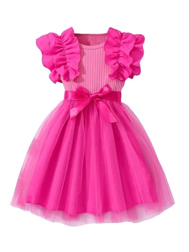 Toddler Girl's Bow Ruffle Cap Sleeve Mesh Dress Birthday Party Belted Swing Dresses