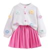 Toddler Girl's 2 Piece Outfits 3D Flower Button Down Cardigan and Pleated Aline Skirts Set