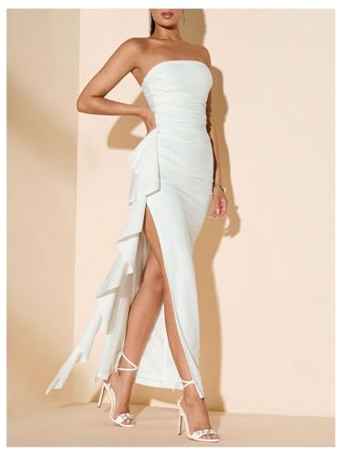 Women's Ruffle High Split Strapless Bodycon Dress Cocktail Wedding Party Maxi Dresses