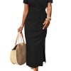 Women 2025 Summer Casual Dress Tie Waist T Shirt Short Sleeve Beach Crew Neck Slit Maxi Trendy