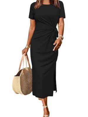 Women 2025 Summer Casual Dress Tie Waist T Shirt Short Sleeve Beach Crew Neck Slit Maxi Trendy
