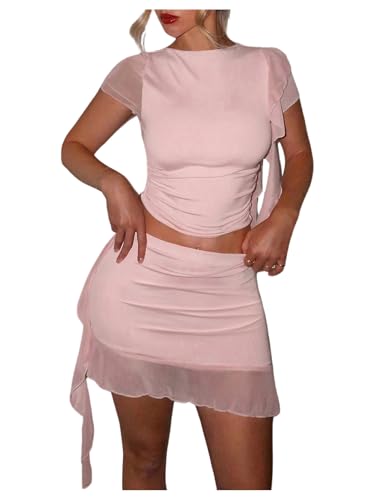 31ZarYnFCqL.jpg Women's 2 Piece Sets Ruffle Ruched Top Bodycon Mini Skirt 2025 Going Out Party Cocktail Wedding Outfits